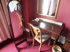 Dark-wood single drawer dressing table, floor standing mirror and chair