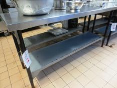Stainless steel topped, steel framed rectangular table, approx 1800 x 600mm (excludes contents)