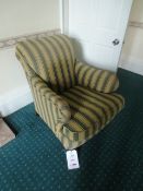 Two yellow/green cloth upholstered arm chairs, only one in picture