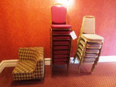 Fifteen various stackable red/pink cloth upholstered chairs and cloth upholstered corner chairs