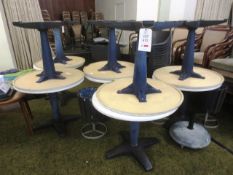 Ten circular picnic/external tables with marble-effect tops