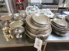 Quantity of assorted Mappin plated steel serving trays (as lotted) (two stacks), and cake stands