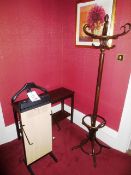 Corby 4400 trouser press, dark-wood side table and coat stand