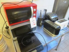 Two assorted microwaves, Stellar induction hot plate, three various toasters