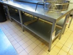 Stainless steel topped, steel framed rectangular table, approx 2300mm (excludes contents)