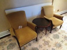 Two cream cloth upholstered , dark-wood framed arm chairs and dark-wood table