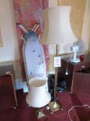 Brass-effect floor-standing lamp and matching table lamp, three various ironing boards