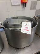 Three assorted stainless steel pots, ranging from 380mm to 500mm dia