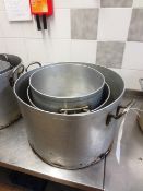 Three assorted stainless steel pots, ranging from 380mm to 500mm dia