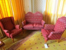 Red cloth upholstered 2-seater sofa and two matching armchairs (Please note: requires repair) (