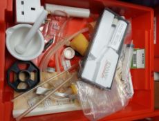 Assorted school lab items: mortar & pestle, pipettes, etc.