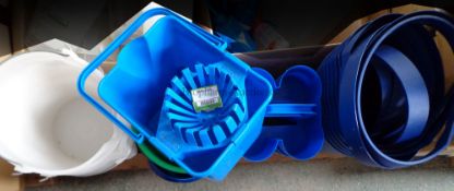 Various buckets and bins, plastic. contents as shown in image