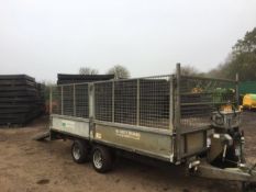 Ifor Williams 14' approx., 3.5 ton twin axle, flat bed, drop side trailer with cage extension sides