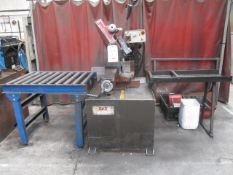 FAT MOD 350 horizontal bandsaw, No F33/00016 with infeed/outfeed gravity rollers (1996), cutting