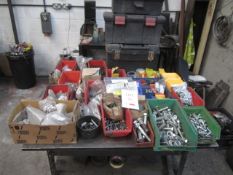 Assorted consumable stock including nuts, bolts, drill bits, chucks, french chalk,Starrett hole