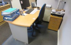 Light wood office table, 3-drawer pedestal and a blue cloth upholstered chair