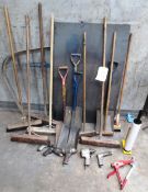 Quantity of assorted brushes, shovels, strapping tool and five assorted pneumatic hand tools