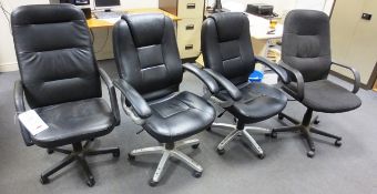 Three leather effect and one black cloth upholstered office swivel armchairs