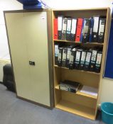 Twin door filing cabinet and a light wood 4-shelf bookcase