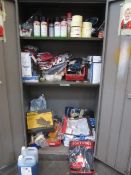 Contents of storage cupboard including Scan heavy duty gloves, B-Flex gloves, Dewalt size 6 safety