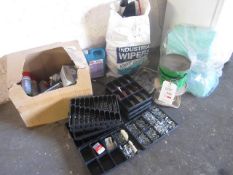 Assorted stock including fastenings, twist drills, bulbs, general consumables, etc., as lotted