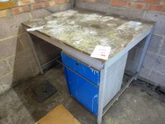 Steel work bench, timber top, fitted drawer/cabinet unit, blue/grey