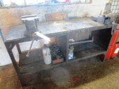 Two bench vices and steel workbench