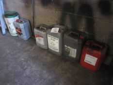Six full/part filled containers of assorted oils, approx 20 litres per container (This item has been