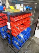 Mobile double sided multi bin storage trolley and contents of fastenings, as lotted