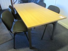 Light oak effect meeting table, 1600mm x 800mm, with cloth upholstered stacking side chairs