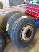 Three commercial vehicle tyres and rims, size 275/80/R22.5