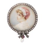 An antique portrait miniature brooch in yellow gold, the circular miniature depicting a young lady