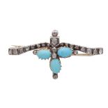 An antique turquoise and diamond brooch in yellow gold and platinum / silver, the rose cut diamond