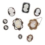 A collection of antique and later cameo jewellery to include eight cameo brooches, three loose
