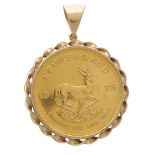A Vintage Gold Krugerand pendant the coin dating from 1973, within a 9ct yellow gold rope twist
