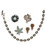 A collection of vintage jewellery including various turquoise bead set brooches, a selection of