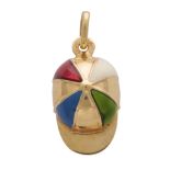 A vintage 9ct yellow gold and enamel jockeyâ€™s cap horseracing charm, decorated with red, blue,