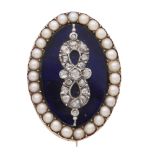 An antique Victorian diamond and pearl brooch in yellow gold, the rose cut diamond set bow motif
