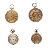 Four vintage pocket watches, two with 14ct yellow gold cases, one with 9ct yellow gold case and