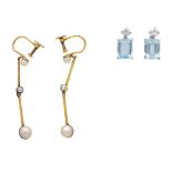 A pair of antique pearl and diamond drop earrings in 9ct yellow gold with screw back fittings,