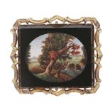 A fine antique micromosaic brooch depicting an oval landscape scene with trees and hills, within a