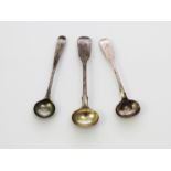 Three antique Sterling Silver salt / mustard spoons. Two in fiddle pattern, one Victorian, 1838,