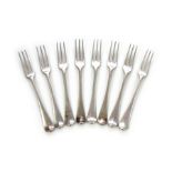 A set of eight antique George II Sterling Silver three prong dinner forks by Ebenezer Coker,