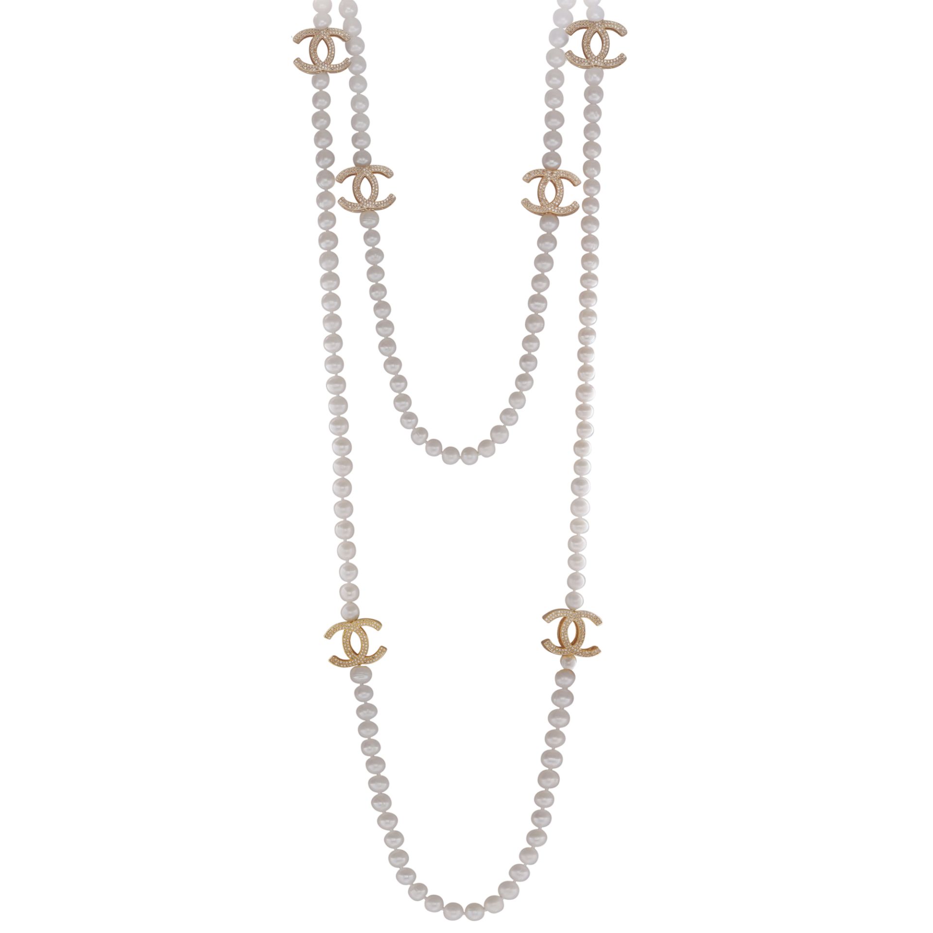 A cultured pearl necklace with jewelled Chanel logo spacers. Length 160cm / 63".
