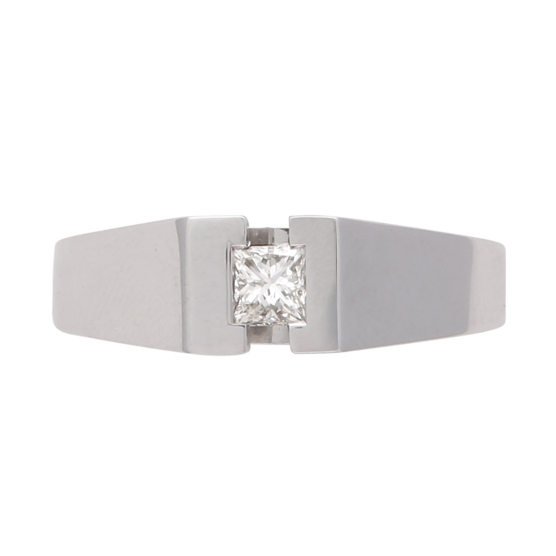 A solitaire diamond ring in 18ct white gold, set with a single princess cut stone weighing