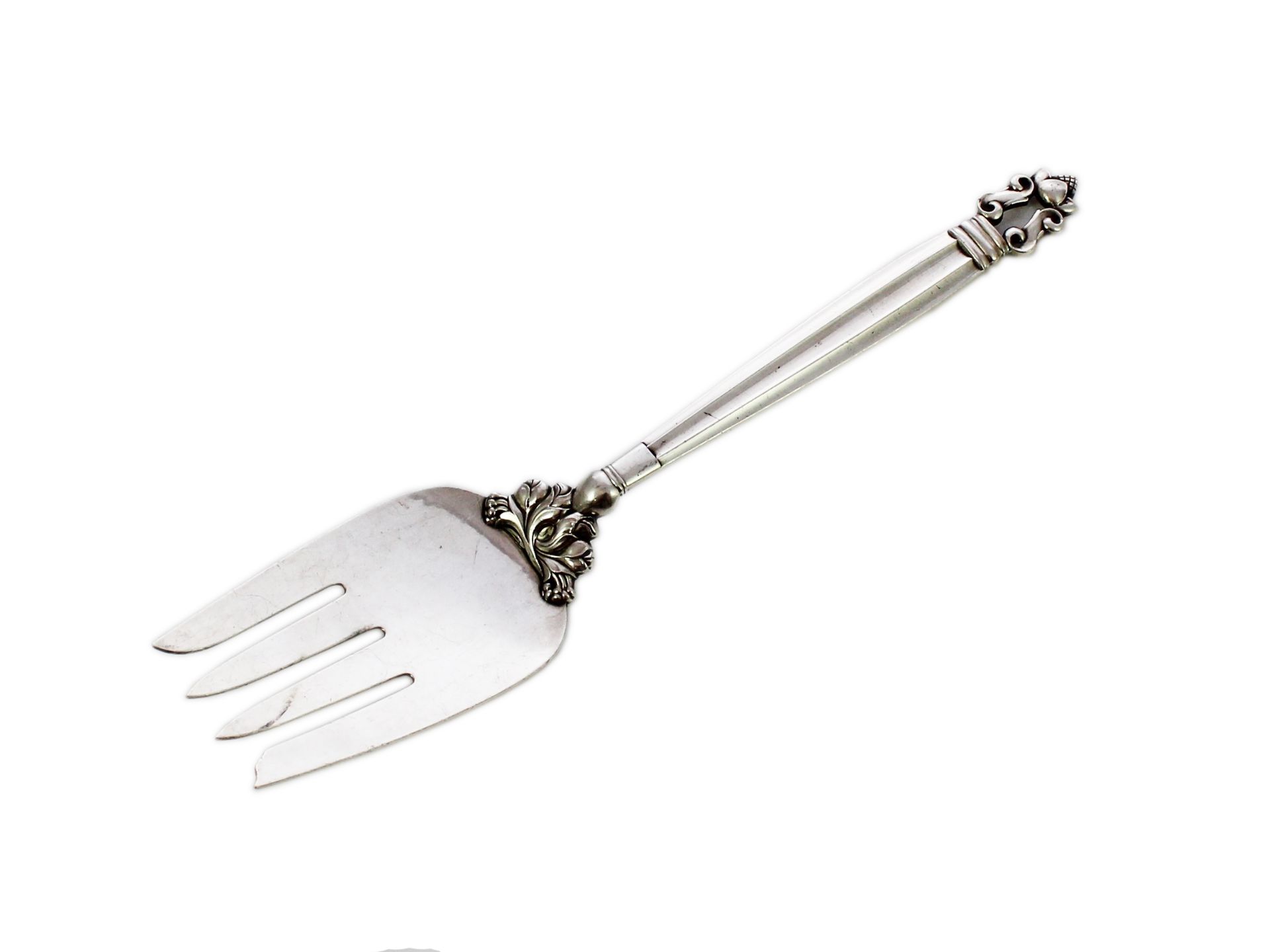 A vintage Danish Sterling Silver serving fork by Georg Jensen. In Acorn pattern. Length 23cm / 9â€.