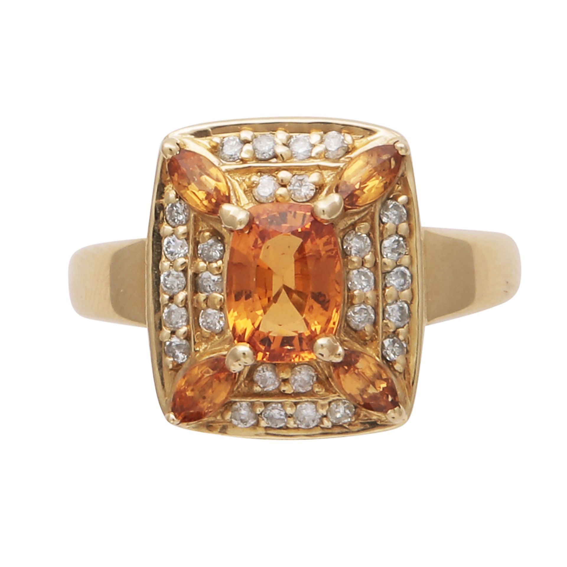 A citrine and diamond dress ring in 14ct yellow gold, the square face set with an arrangement of one