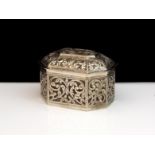 An antique German Silver ring / trinket box stamped 800 of cut cornered rectangular form with a