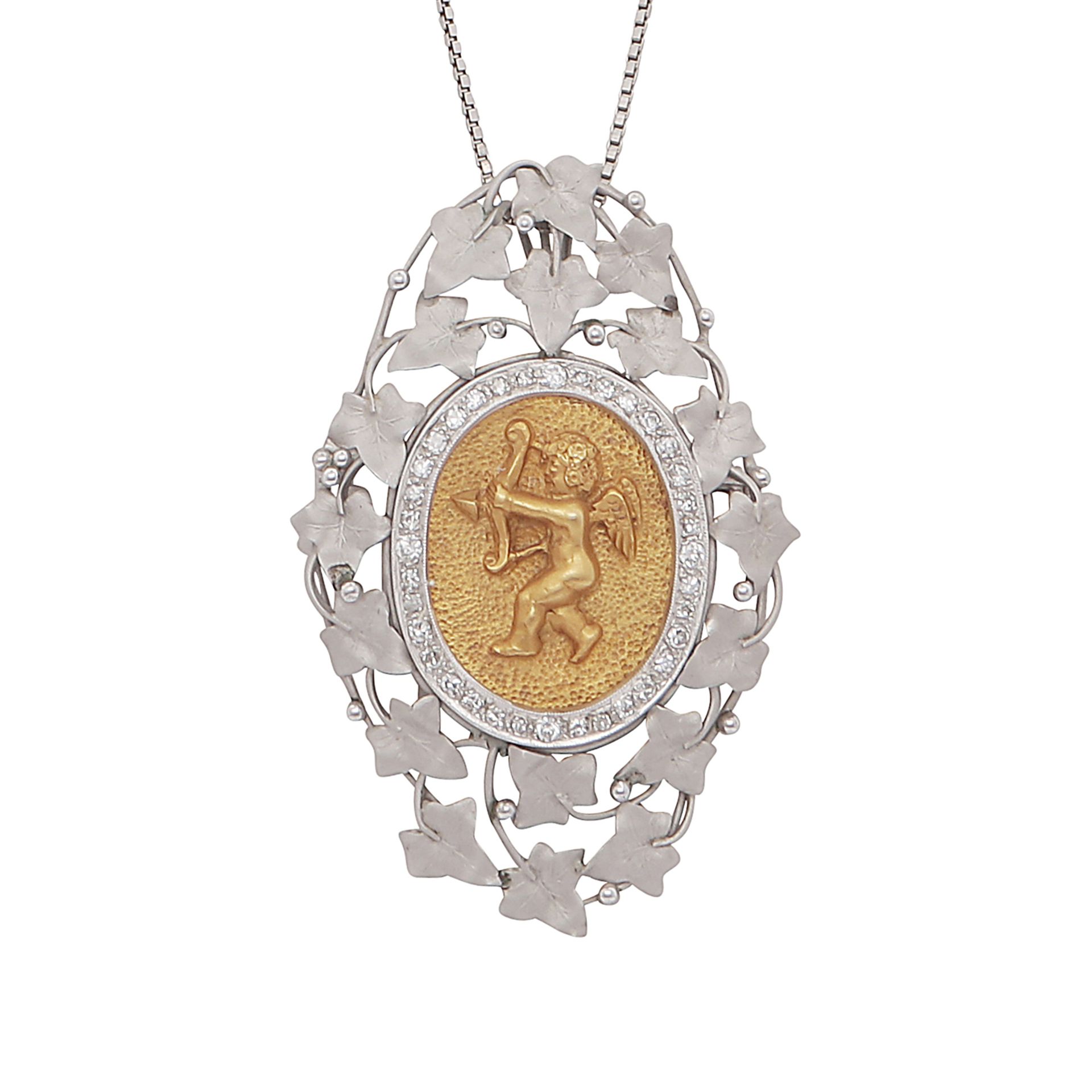 ROMAN MYTHOLOGY - A vintage Italian jewelled pendant and chain in two colour 18ct gold, designed