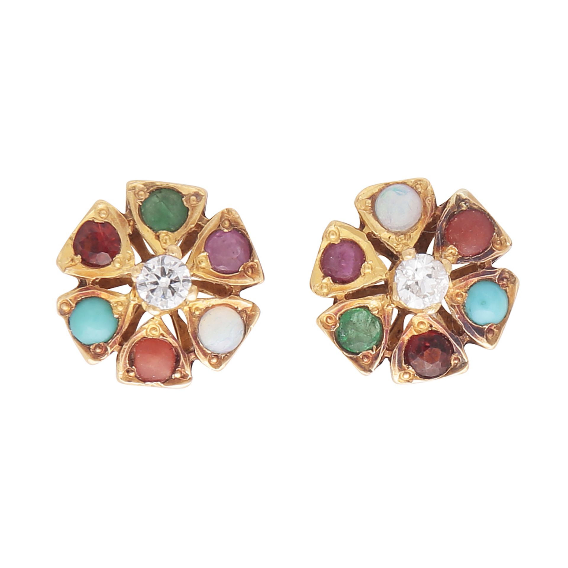 A pair of antique jewelled stud earrings in yellow gold, each designed as a floral cluster with